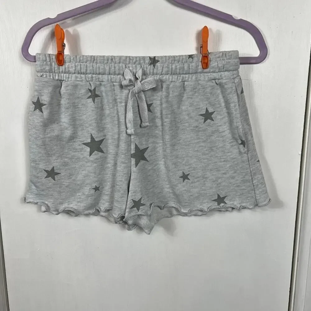 Hippie Rose Gray Star Print Lounge Shorts Lettuce Hem Drawstring Pockets Size M